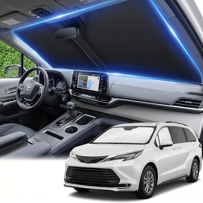 Windshield Sun Shade for Toyota Sienna 2021-2025 2026 Front Window Shade Custom Fit Sienna Accessories Sun Visor Foldable Shade Blocks UV Rays Summer Must Have Car Accessories