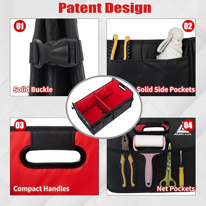 JOJOY LUX Car Trunk Organizer with Multi Compartments - Automotive Collapsible Cargo Containers with 11 Pockets & Reinforced Handles, Vehicle Grocery Organizer Bin Caddy Bag for SUV Van Truck