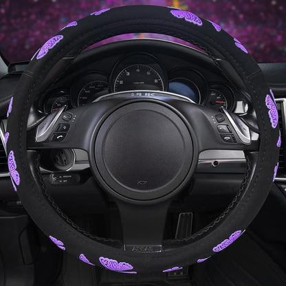 Car Pass Purple Butterfly Steering Wheel Covers, 14.5" to 15.5" Car Wheel Cover Universal Fit for Suvs, Small Trucks, Sedans, Cars for Cute Women Girly (Black and Purple)