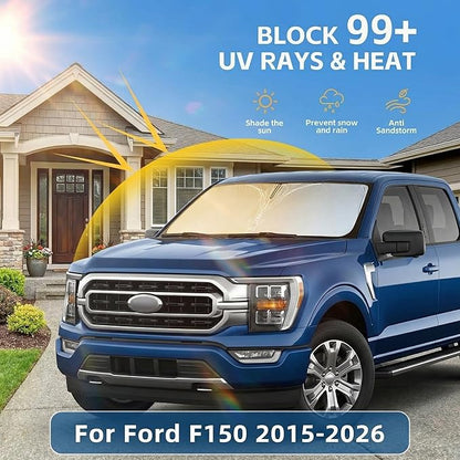 Windshield Sun Shade for Ford F150 2015-2024 2025 2026 Front Window Shade Custom Fit F-150 F150 F250 F350 F450 Accessories Sun Visor Foldable Shade Blocks UV Rays Summer Must Have Car Accessories