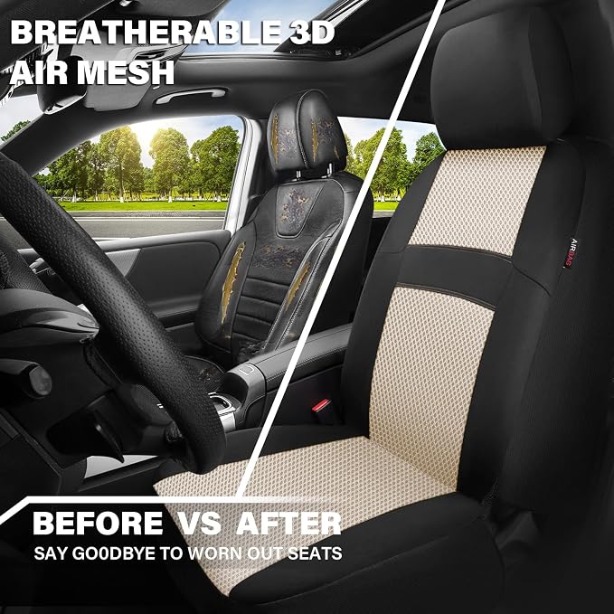 CAR PASS Car Seat Covers Front Seats Only, 3D Air Mesh Car Seat Cover with 5mm Composite Sponge Inside,Airbag Compatible Universal Fit SUV,Vans,sedans, Trucks, Automotive Interior Covers(Black Beige)