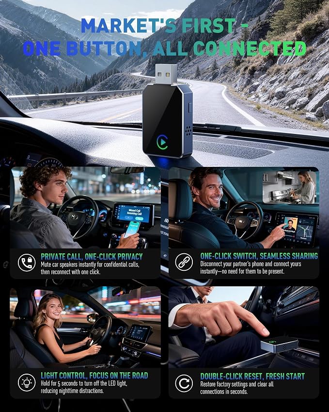 SPIRITIME Wireless CarPlay Adapter for iPhone – 5-Second Auto Connect | 1-Click Phone Swap for Families | Convert Wired to Wireless | Stable & Fast, (Space Gray)