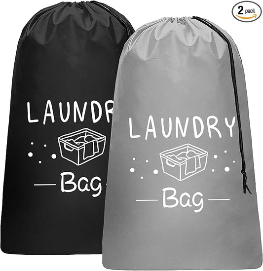 Sylfairy 2 Pack Extra Large Travel Laundry Bag, Rip-Stop Dirty Clothes Shoulder Bag with Drawstring, Heavy Duty Travel Laundry Bag, Large Laundry Hamper Liner (Black+Light Grey, 24" x 36")