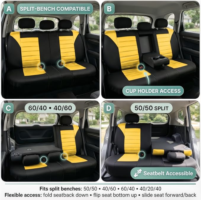 FH Group Automotive Car Seat Covers Rear Set Premium 3D Air Mesh Seat Covers, Airbag Compatible and Split Bench Cover Universal Fit Interior Accessories for Cars Trucks and SUVs - Yellow