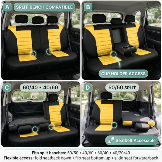 FH Group Automotive Car Seat Covers Rear Set Premium 3D Air Mesh Seat Covers, Airbag Compatible and Split Bench Cover Universal Fit Interior Accessories for Cars Trucks and SUVs - Yellow
