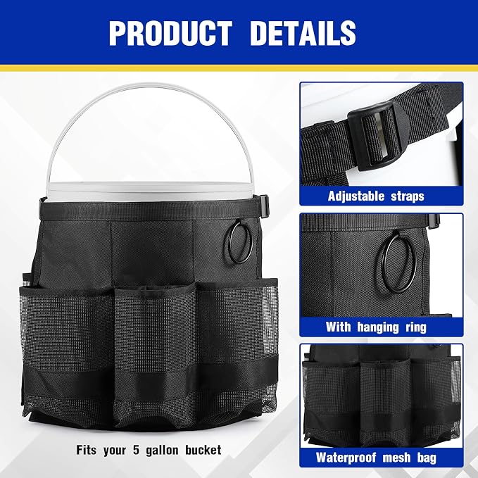 2 Pcs Bucket Organizer for 5 Gallon Car Wash Caddy Bucket Tool Bag with 6 Mesh Pockets for Cleaning Garden Fishing Tools, Bag Only