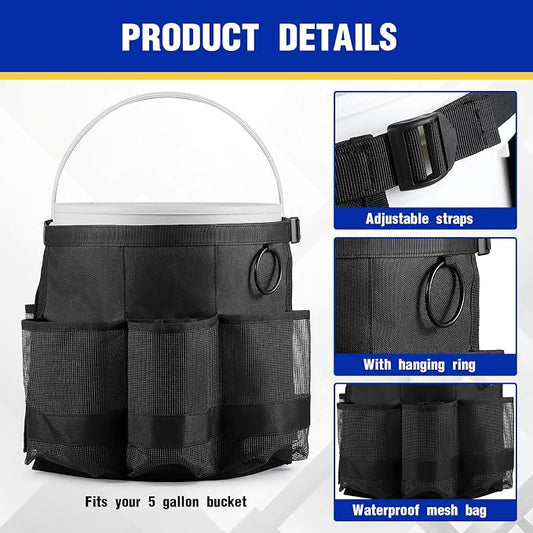 2 Pcs Bucket Organizer for 5 Gallon Car Wash Caddy Bucket Tool Bag with 6 Mesh Pockets for Cleaning Garden Fishing Tools, Bag Only