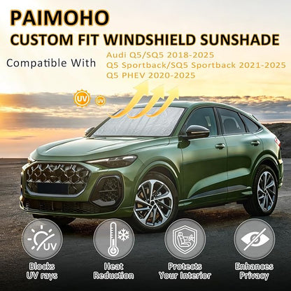 Thickened Windshield Sun Shade for Audi Q5/SQ5 2018-2025 | Accordion Front Window Sunshade Aluminum Reflective UV Protection Shield, Foldable Sun Visor with Storage Bag Car accessories