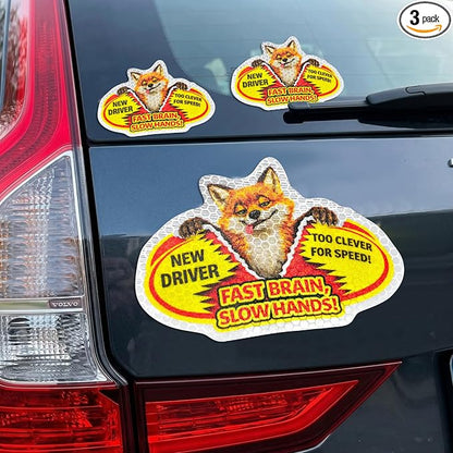 3 Pcs Reflective Student Driver Magnet and Stickers Set - Funny Animal New Driver Safety Signs for Car, Waterproof & Weatherproof High Visibility Vehicle Bumper Decals, Magnet + Stickers (Fox)