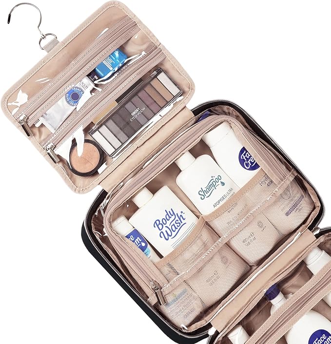 NISHEL Travel Toiletry Bag for women, Portable Hanging Organizer for Full-Sized Shampoo, Conditioner, Brushes Set, Makeup Accessories, Large Size, Black