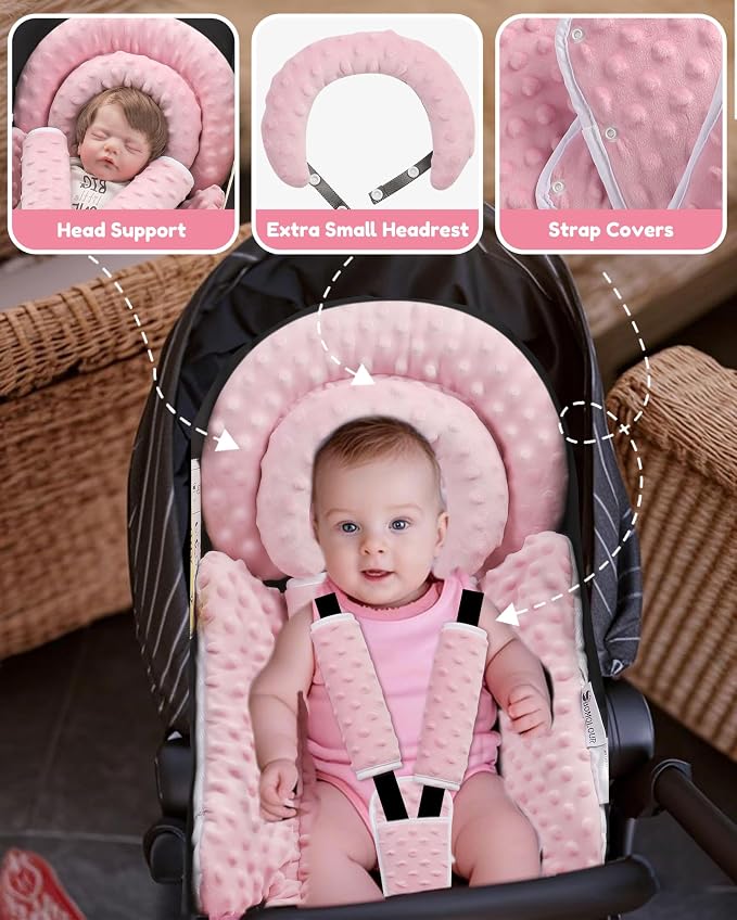 BOMOLOUR Infant Car Seat Insert with Removable Cushion for Baby Preemie Newborn Infant, Reversible carseat Insert Head Body Support Fits for Stroller, Baby Swing, Rocker, Bouncer, Bassinet - Pink