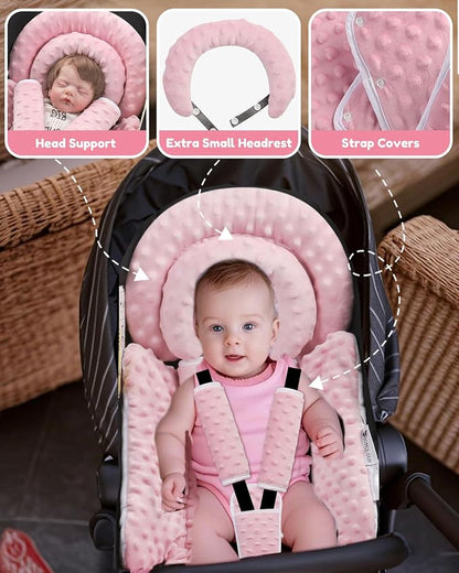 BOMOLOUR Infant Car Seat Insert with Removable Cushion for Baby Preemie Newborn Infant, Reversible carseat Insert Head Body Support Fits for Stroller, Baby Swing, Rocker, Bouncer, Bassinet - Pink