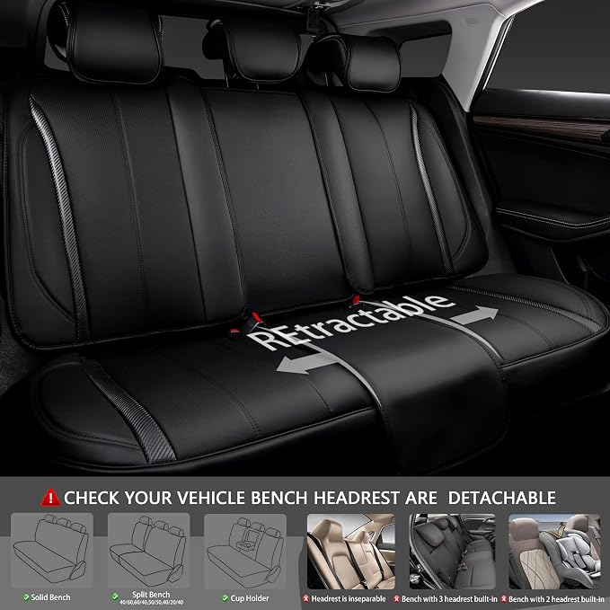 CAR PASS Nappa Leather Car Seat Covers Full Set & Carbon Fiber, Waterproof and Durable All Weather Protector, Universal Fit for SUV Pick-up Truck Sedan Automotive Vehicle Interior (5 Seats, Black)