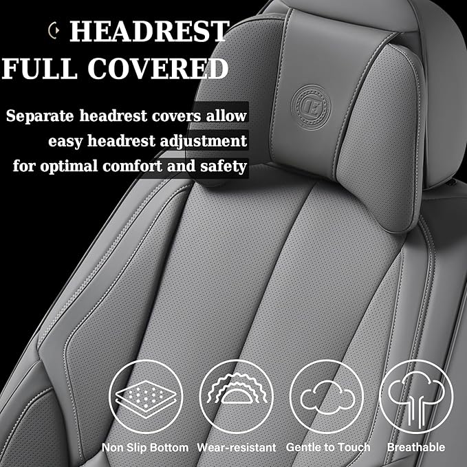 Coverado Universal Seat Covers Full Set, 5 Seats Universal Seat Covers for Cars, Waterproof Nappa Leather Car Seat Covers with Head Pillow, Auto Protectors Fit for Most Sedans SUV Pick-up Truck-Gray