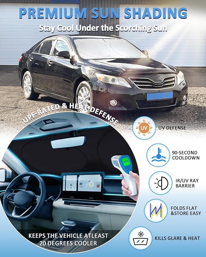 Windshield Sun Shade for 2007-2011 Toyota Camry LE XLE Hybrid SE XSE, Front Window Sunshade Foldable Sun Visor Car Protect from UV Rays & Heat Blocker, Fully Covered Keep Interior Cooler Accessories