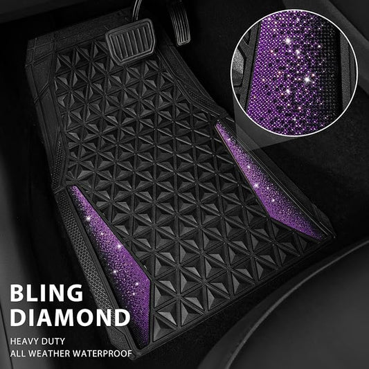 CAR PASS Bling Rubber Car Mats Diamond Floor Mats Full Set Anti-Slip 3D Rhombus Waterproof Universal Trim to Fit Liner Glitter Crystal Sparkly Shining Rhinestone Girl Women SUV Sedan Van, Black Purple