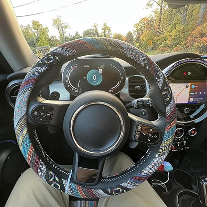 Boho Steering Wheel Cover for Women Men Baja Blanket Enthic Car Steering Wheel Cover Ethnic Car SUV Wheel Protector, Breathable, Anti-Slip, Odorless, Universal Fit 14.5-15 Inch