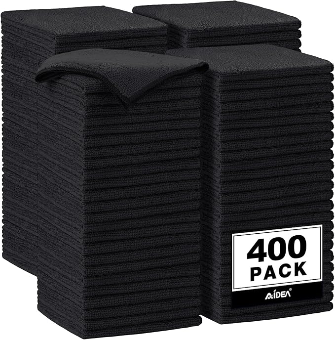 AIDEA Microfiber Cleaning Cloth-400PK, Soft Microfiber Towels for Cars, Absorbent Cleaning Rags, Lint-Free Streak-Free Wash Cloths for House, Kitchen, Window(12in.x12in), Black