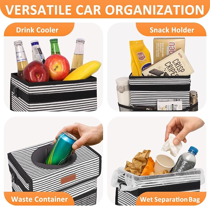 Vankor 3 Gallons Car Trash Can with Lid, Car Trash Bag Bin Hanging Waterproof Automotive Garbage Cans Leak Proof Vehicle Trash Can Stripe
