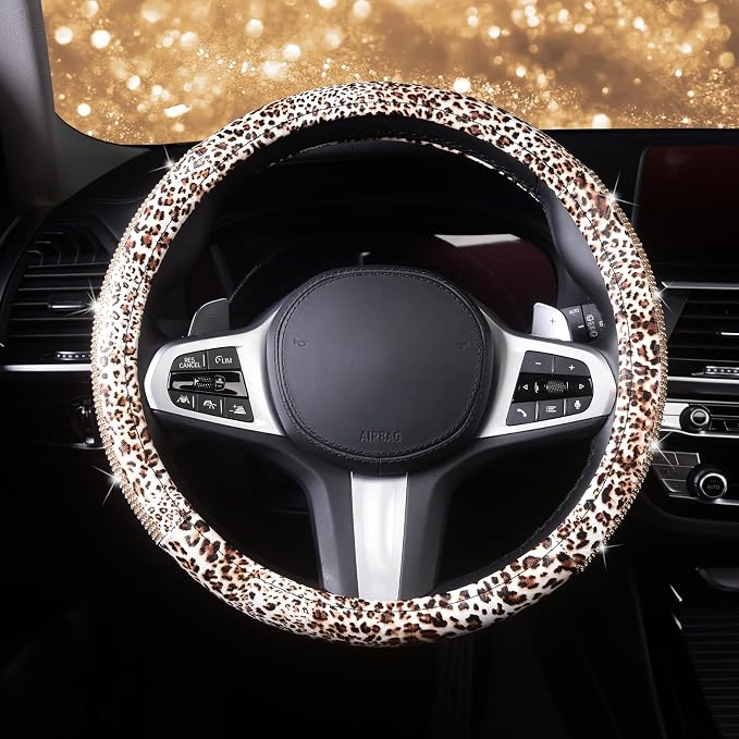 AUTOYOUTH Leopard Print Steering Wheel Cover - Bling Crystal Rhinestones Cheetah Print on PVC Leather Non-Slip Breathable Design for Women/Girls Universal Fit 14.5-15 Inch