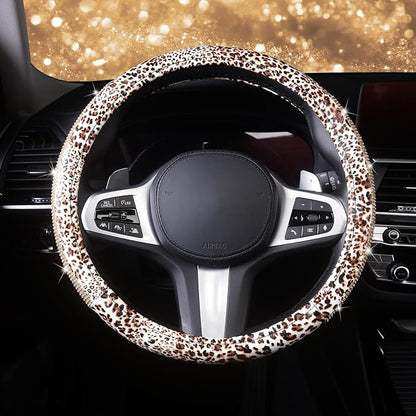AUTOYOUTH Leopard Print Steering Wheel Cover - Bling Crystal Rhinestones Cheetah Print on PVC Leather Non-Slip Breathable Design for Women/Girls Universal Fit 14.5-15 Inch
