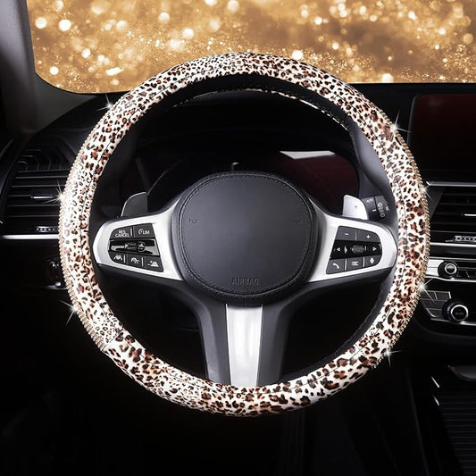 AUTOYOUTH Leopard Print Steering Wheel Cover - Bling Crystal Rhinestones Cheetah Print on PVC Leather Non-Slip Breathable Design for Women/Girls Universal Fit 14.5-15 Inch