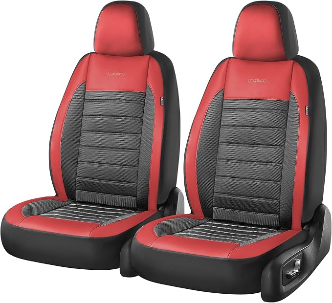 Coverado Car Seat Covers Front Seats, Luxury Leather Car Seat Covers, Automotive Mesh Seat Covers 2 Pack, Airbag-Compatible, Black Red Seat Covers for SUV Sedan Truck
