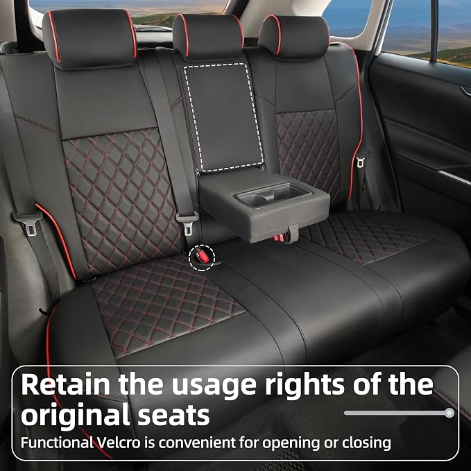 Lolcar RAV4 Seat Covers Custom Fit for Toyota RAV4 2019 2020 2021 2022 2023 2024 2025 LE,XLE,XLE Premium,Limited,Airbag Compatible,Seat Cover Full Set for SUV, Waterproof Leather（Black with Red Trim）