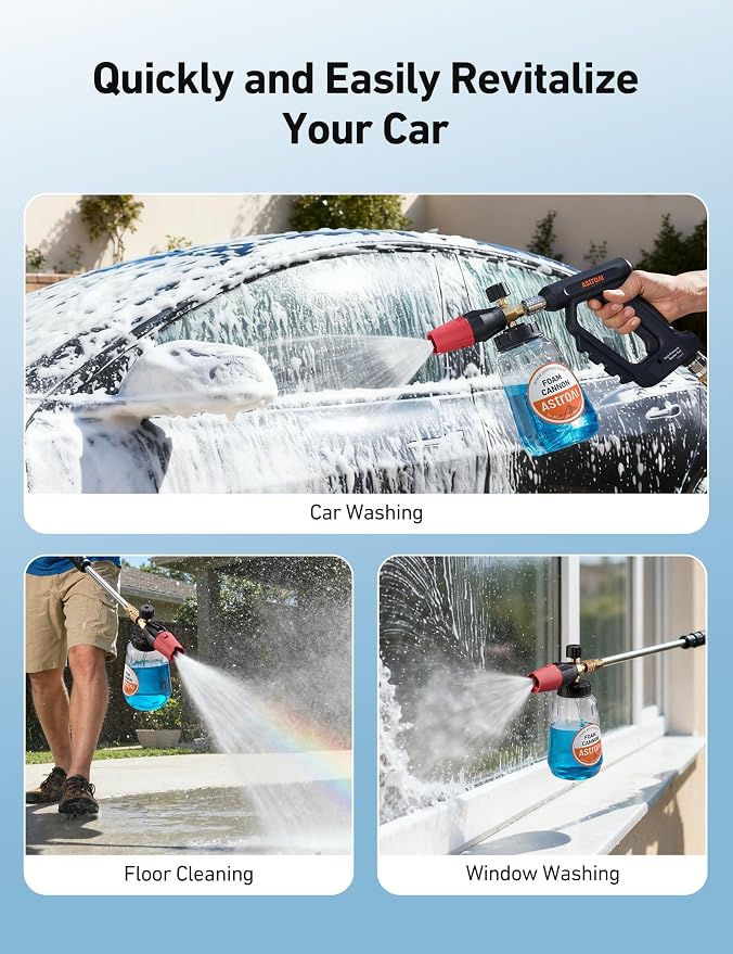 AstroAI Foam Cannon for Pressure Washer, Snow Clear Foam Cannon, Wide Neck Foam Blaster Adjustable Nozzle for Car Wash Accessories, with 1/4 Inch Quick Connector,1 L Clear Bottle