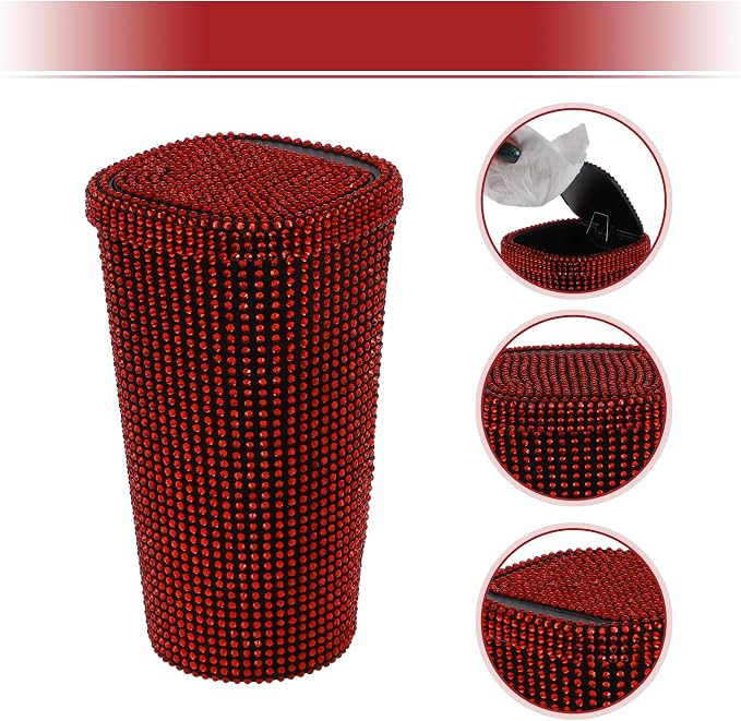 ACROPIX Car Trash Can Trash Bin Rhinestones Portable 3.5" Length 3.5" Width 6.3" Height Red Rhinestone Plastic