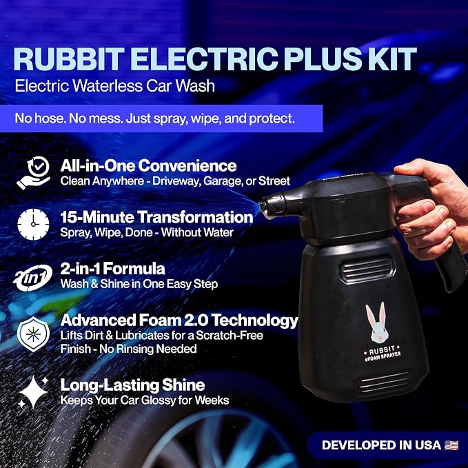 Electric Plus Kit, Waterless Car Wash Kit, Rechargeable Electric Sprayer, Foam 2.0 Solution, 6 Reusable Microfiber Towels, & Air Freshener, Car Cleaning Supplies, 9 Piece Auto Cleaning Kit