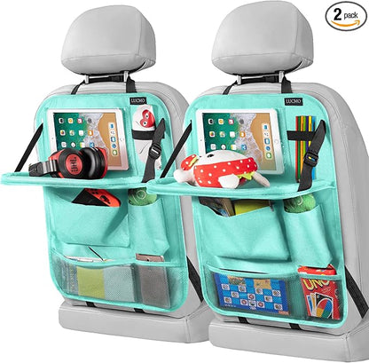 LUCMO Car Backseat Organizer with Tablet Holder-2 Pcs,6 Storage Pockets Car Storage Organizer with Foldable Food Tray,Protectors Kick Mats Travel Accessories-Light Blue