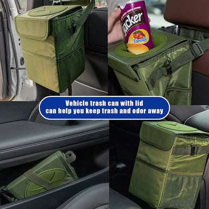 Kewucn Car Trash Can with Lid, Waterproof Mini Auto Garbage Can, Leak-Proof Vehicle Organizer and Storage Pockets, Hanging Collapsible Trash Bin, Universal Accessories for Most Cars (Army Green)