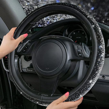 CAR PASS Bling Diamond Leather Steering Wheel Cover, Bling Sparkly Crystal Glitter Rhinestones Universal Fit 14" 1/2-15" Car Wheel Protector for Women Girl Fit Suvs,Vans,Sedans,Trucks, Black Silver