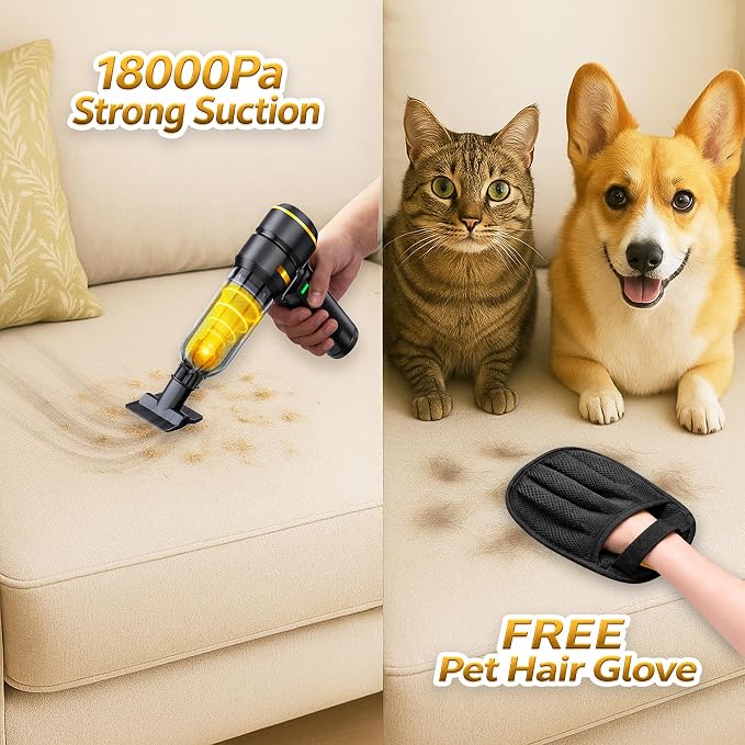 5-in-1 Cordless Car Vacuum & Air Duster, 18000Pa Powerful Suction, Portable Handheld Vacuum with Blower & Inflator Modes, USB-C Rechargeable with Multi Nozzles & Pet Hair Removal Glove (Black)