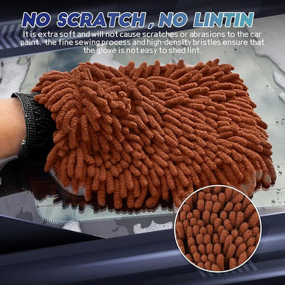wuyaoyao 2PCS Car Wash Mitt, 10.14"×7.12" Chenille Microfiber Car Wash Mitts, Scratch-Free & Lint-Free, Absorbent Double Sided Clean Glove for Cars Cleaning, Auto Cleaning Supplies (Brown)