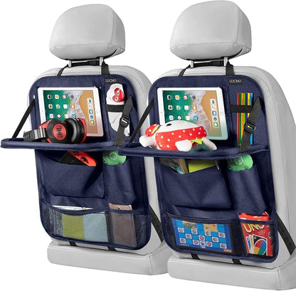 LUCMO Car Backseat Organizer with Tablet Holder-2 Pcs,6 Storage Pockets Car Storage Organizer with Foldable Food Tray,Protectors Kick Mats Travel Accessories-Dark Blue