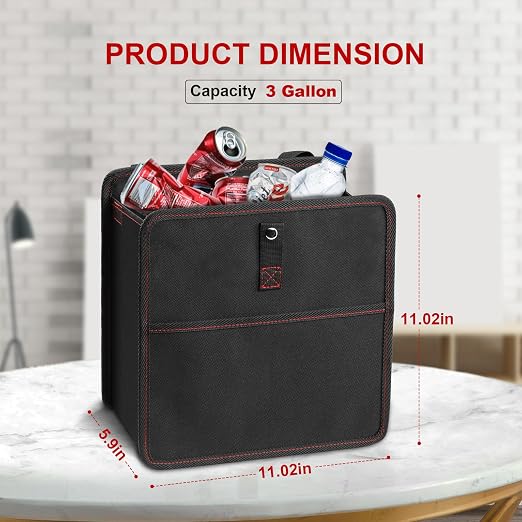 YSSOA Foldable Car Trash Can with Storage Pockets, Car Garbage Can with Adjustable Straps, Waterproof & Leakproof, 3 Gallons, Black