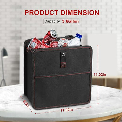 YSSOA Foldable Car Trash Can with Storage Pockets, Car Garbage Can with Adjustable Straps, Waterproof & Leakproof, 3 Gallons, Black