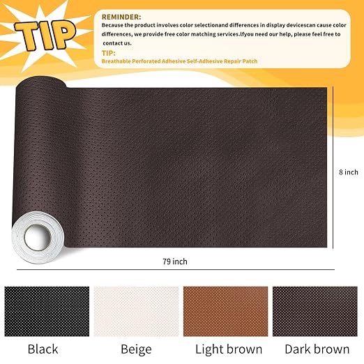 JuCheng Breathable Perforated Self-Adhesive Leather Repair Patch for Furniture, Couches, Car Seats, Office Chairs Faux Leather & Vinyl Repair Kit (Dark Brown, 8x79inch)