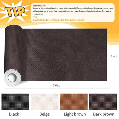 JuCheng Breathable Perforated Self-Adhesive Leather Repair Patch for Furniture, Couches, Car Seats, Office Chairs Faux Leather & Vinyl Repair Kit (Dark Brown, 8x79inch)