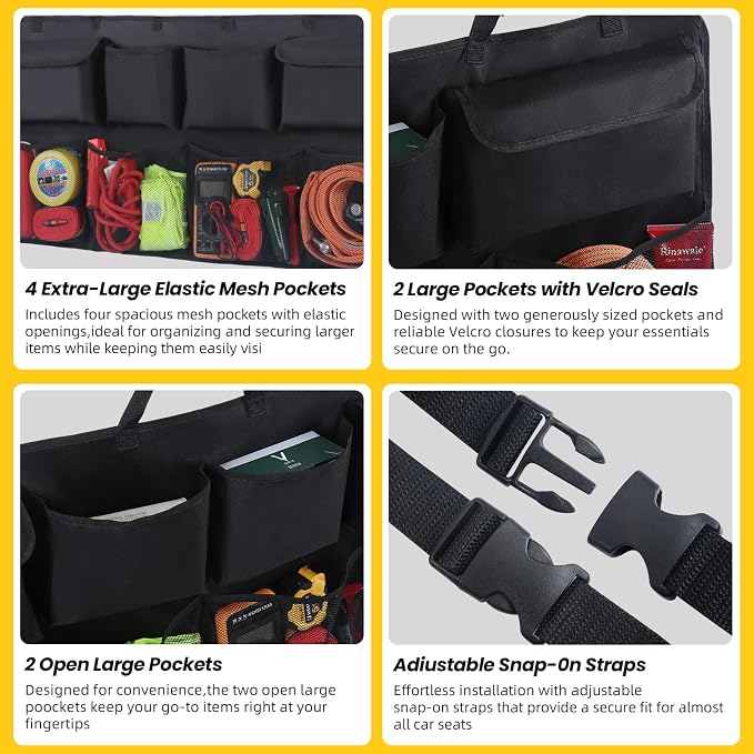 Car Backseat Hanging Trunk Organizer Extra-Long, 30% More Storage, 8 Large Pockets Car Storage Bag for SUV, Truck, Van – Super Capacity SUV Hanging Organizer for a Neat & Clutter-Free Space - Black
