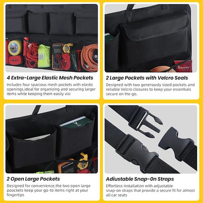 Car Backseat Hanging Trunk Organizer Extra-Long, 30% More Storage, 8 Large Pockets Car Storage Bag for SUV, Truck, Van – Super Capacity SUV Hanging Organizer for a Neat & Clutter-Free Space - Black