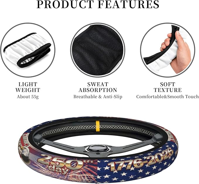 Anniversary American Flag Steering Wheel Cover + 2 Pc USA Flag Car Coasters | Anniversary American Car Men Breathable Universal for 14-15 Inch Anti-Slip