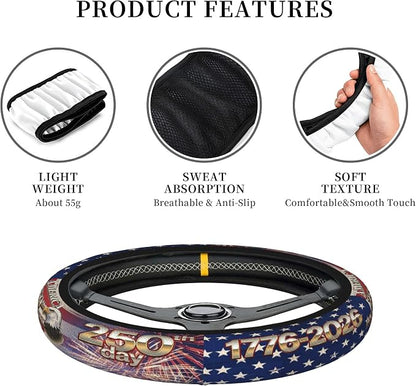Anniversary American Flag Steering Wheel Cover + 2 Pc USA Flag Car Coasters | Anniversary American Car Men Breathable Universal for 14-15 Inch Anti-Slip