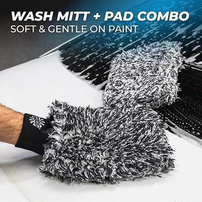 The Rag Company - Premium Essential Car Wash Kit Set - Scratch-Free Wash & Dry System with Korean Microfiber Drying Towel, Wash Mitt + Pad & Car Shampoo (4 Piece Kit)