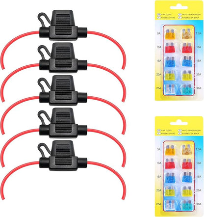HAIPHAIK Automotive Fuse Holder Kit with 5 Inline Fuse Holders and 20 Assorted Car Fuses, Universal Fit for Vehicle Electrical Circuit Protection
