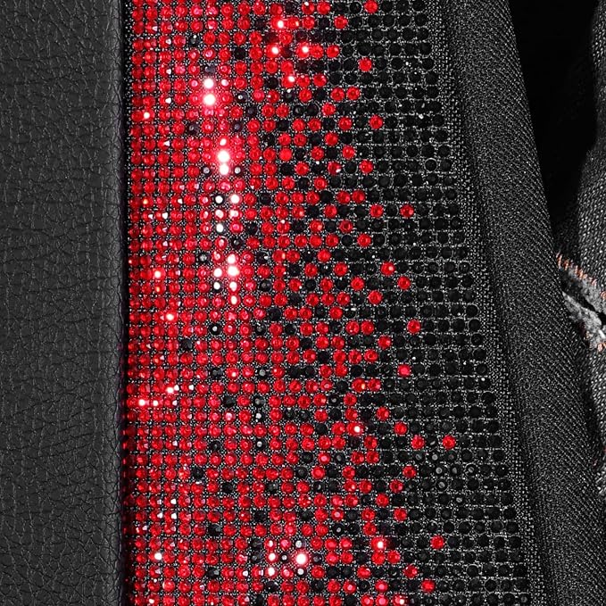 CAR PASS Bling Diamond Black Leather Car Seat Covers for 2 Front Interior Sets, Waterproof Shining Glitter Sparkly Crystal Universal Armrest Fit Automotive Truck SUV Cute Women Girl, Red Rhinestone