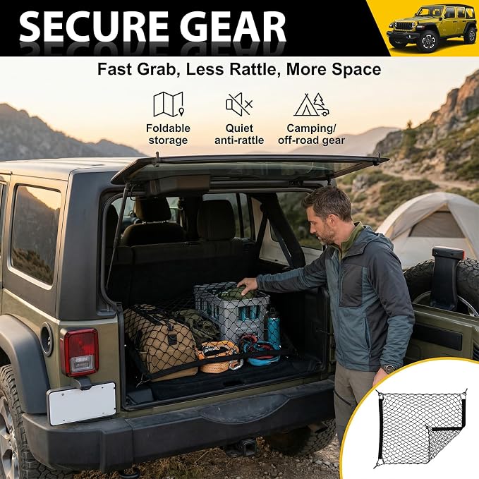 Trunk Cargo Net for 2019-2025 Jeep Wrangler JL 4XE 4 Door Trunk Organizer Net Anti-Slip Rear Mesh Cargo Netting for 19-25 Wrangler JL JLU 4XE SUV Accessories