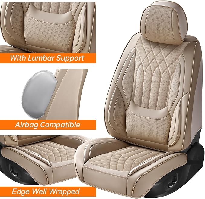 Car Seat Covers Front Seats Beige, Luxury Leather Automotive Seat Covers with Lumbar Support, Waterproof Car Seat Protector Universal Fit for Most Cars Trucks Pick-ups SUVs
